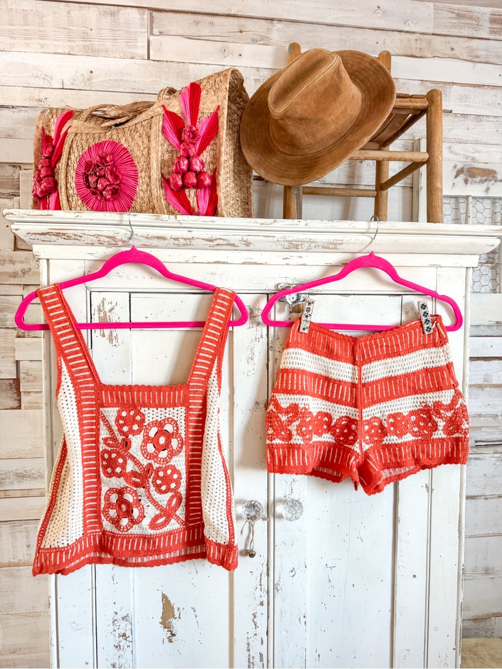 Orange & cream crochet and embroidery Floral Tank and Shorts Set